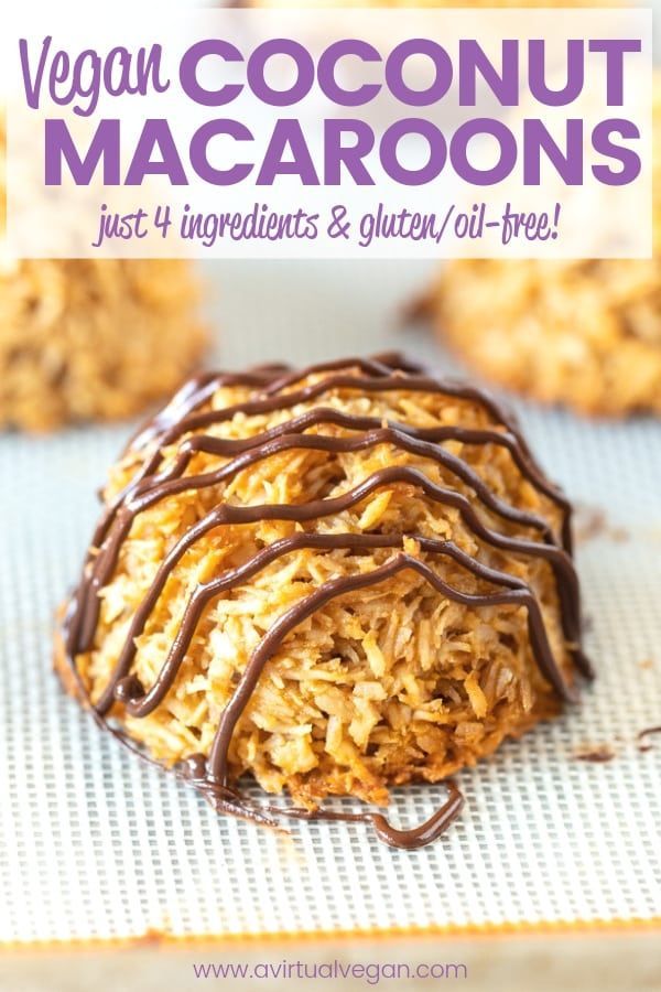 vegan coconut macaroons with chocolate drizzled on top and text overlay