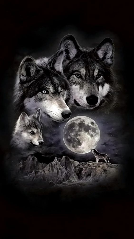 three wolfs with the moon in the background