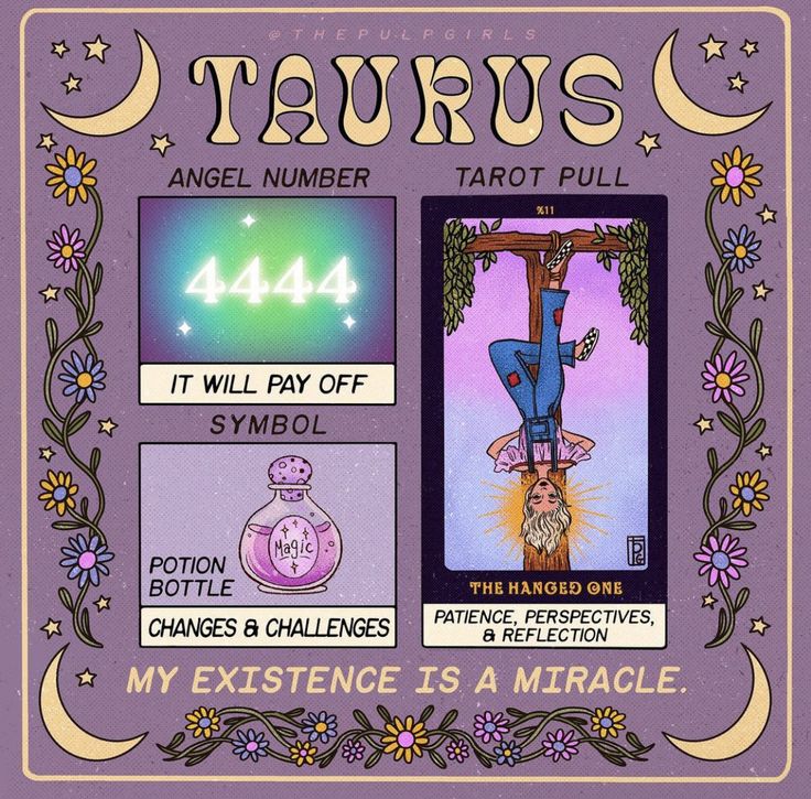 the tarot card for taurus is shown in purple and has an image of a man