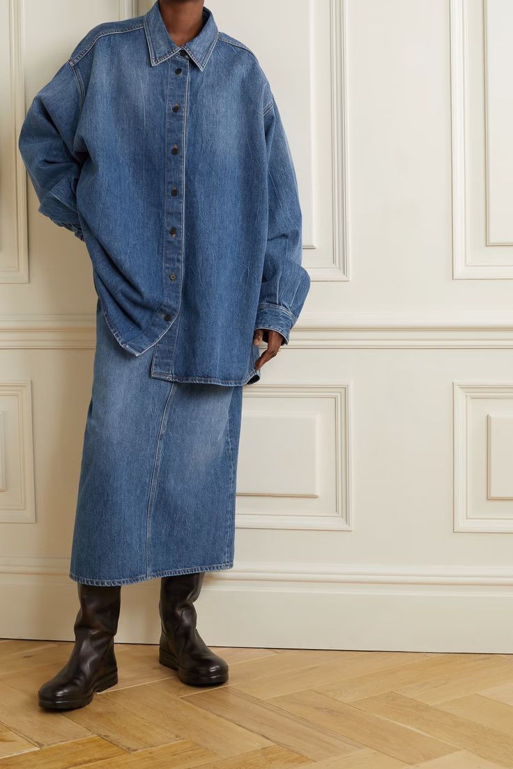 Mid denim Frannie oversized denim shirt | THE ROW | NET-A-PORTER Oversized Denim Top For Workwear, Oversized Denim Top For Fall, Oversized Cotton Denim Top For Workwear, Oversized Denim Top For Streetwear, Oversized Denim Blue Top For Streetwear, Oversized Long Sleeve Denim Top For Work, Denim Shirt Outfit, Oversized Denim Shirt, Look Jean