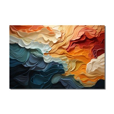 an abstract painting with wavy shapes in orange, yellow and blue colors on a white background