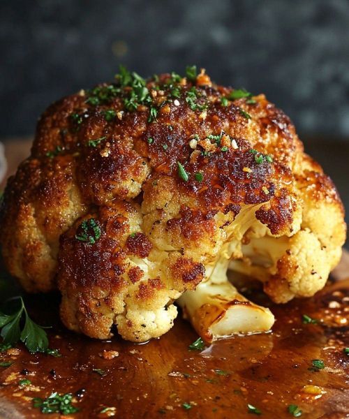 roasted cauliflower on a cutting board with parsley sprinkled on top