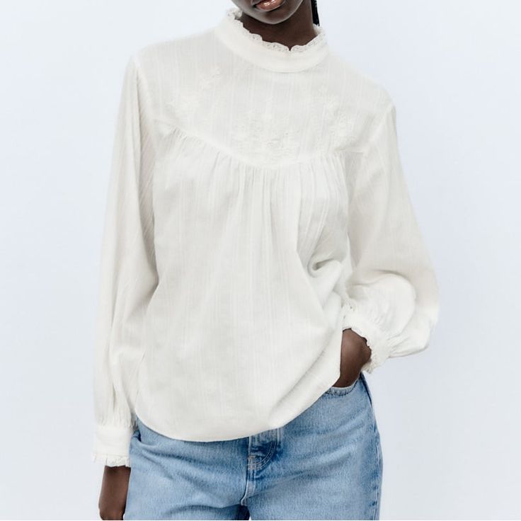 Round Neck Blouse With Long Sleeves. Featuring Matching Lace Trim Appliqus And Embroidery. Buttoned Opening At The Back. Nwt Round Neck Blouse, Blouse With Long Sleeves, Oyster White, Romantic Blouses, Zara White, Zara Tops, Lace Trim, Round Neck, Long Sleeves