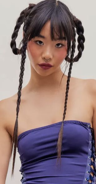 Y2k Alt Hairstyles, Zig Zag Part Space Buns, Two Braids Long Hair, Unique Asian Hairstyles, Crazy Long Hairstyles, Weird Hair Styles, Hair Styles With Hair Pin, Cool Unique Hairstyles, Short Hair Long Braids