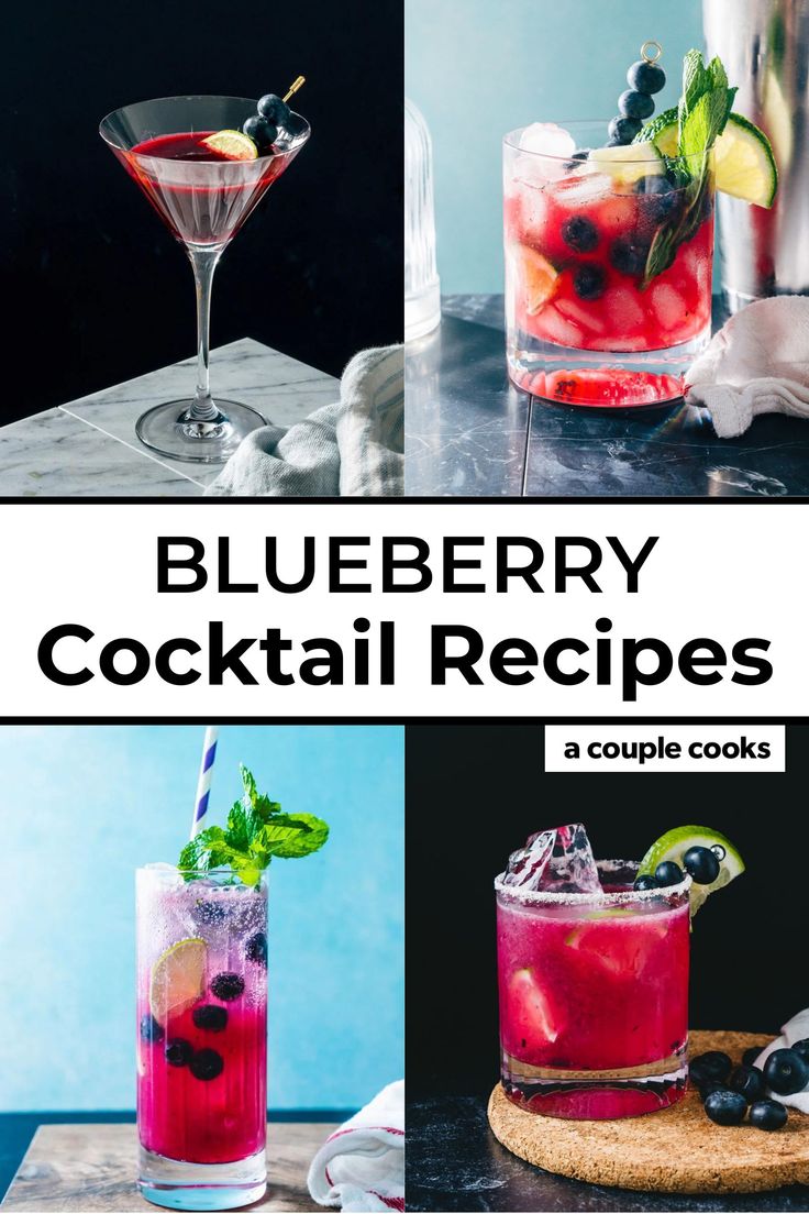 the blueberry cocktail recipe is shown in four different pictures, including two glasses and one with