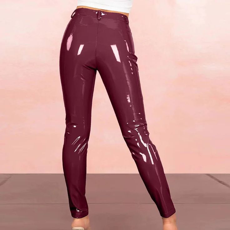 Elevate your casual chic with our Shiny Leather Pencil Pants â€?a versatile addition to your wardrobe that exudes style and comfort for all seasons.Crafted from high-quality PU faux leather. these pants offer a sleek and polished appearance with a solid pattern design that adds a touch of sophistication to any outfit. The medium stretch elasticity ensures a snug yet comfortable fit. while the mid-waist design adds a flattering touch to your silhouette.These ankle-length pencil pants feature a sk Leather Shorts Women, Female Pants, Leather Leggings Fashion, Elastic Pants, Shorts Women, Pencil Pants, Ankle Length Pants, Leather Shorts, Type Of Pants