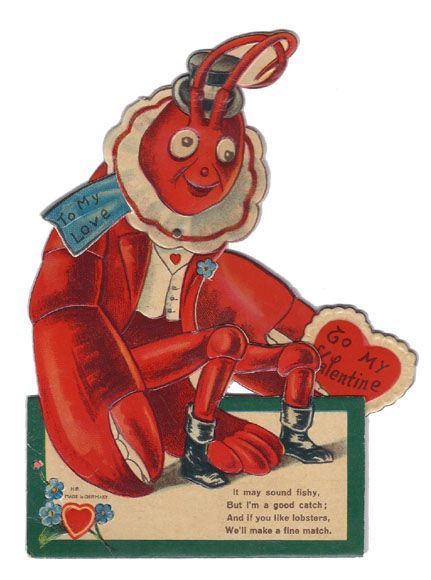 an old fashioned valentine card with a red lobster