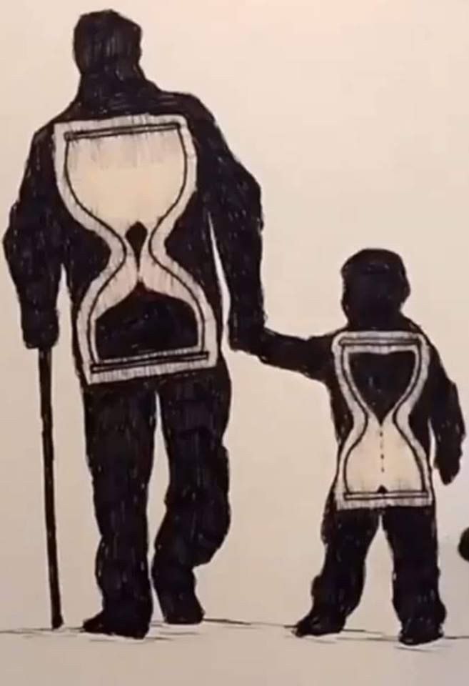 an image of a man holding the hand of a child in front of an hourglass