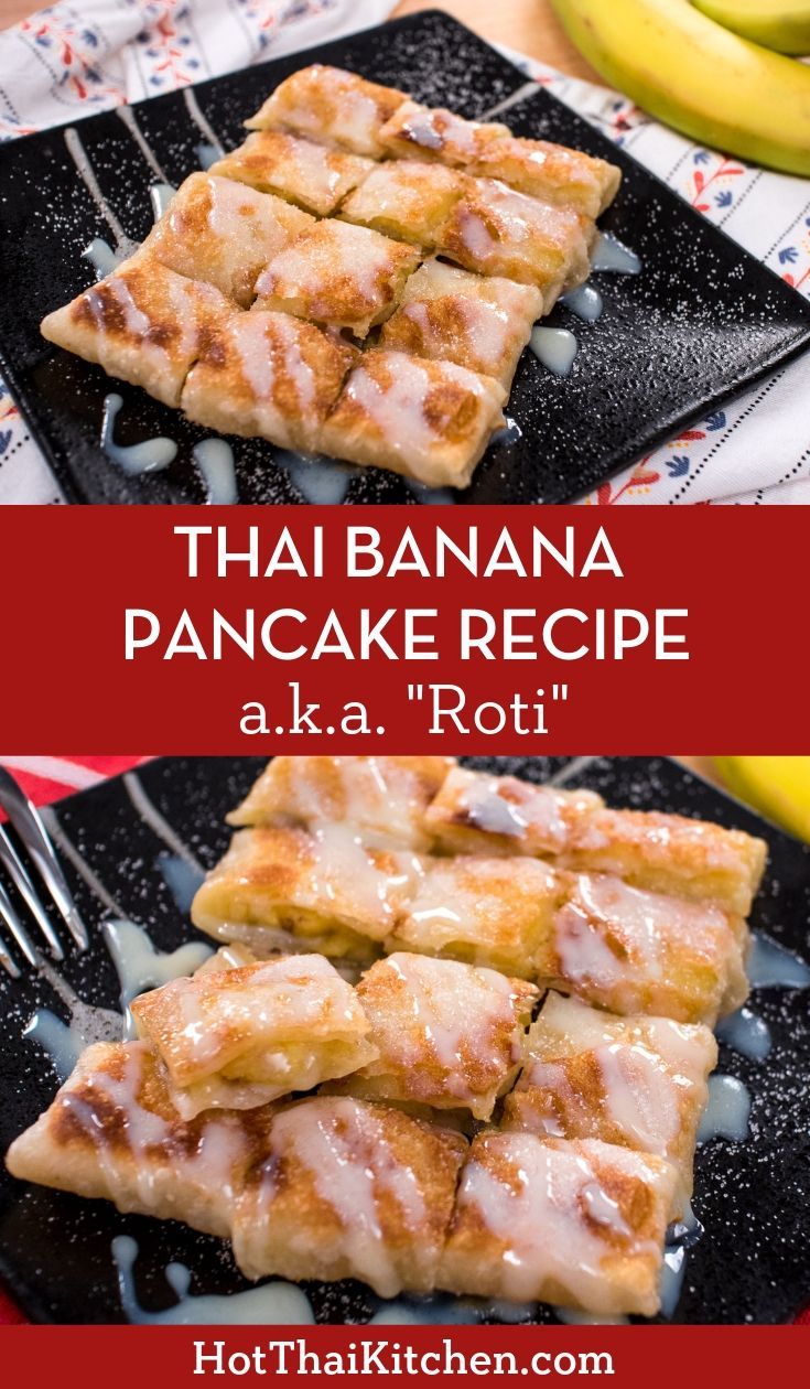 there is a black plate with food on it and the words thai banana pancake recipe