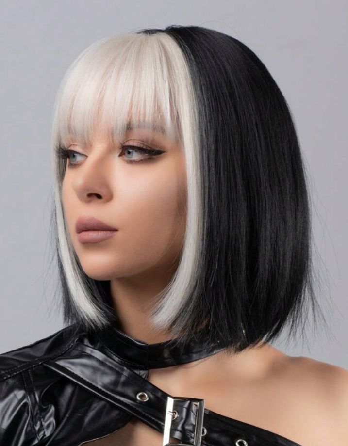 Short Black Hair With White Tips, Black Bob With Blonde Streaks, Short Dark Hair With Blonde Underneath, Black Hair Blonde Fringe, Blonde Hair Black Bangs, Black And White Hair With Bangs, Blonde And Black Short Hair, White Bangs Black Hair, White Bangs Brown Hair