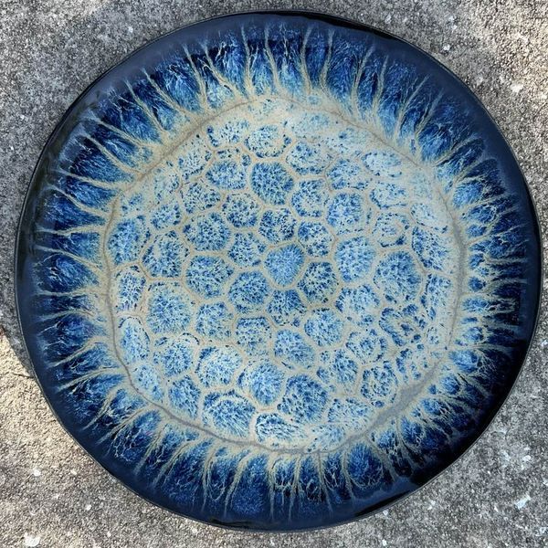 a blue plate sitting on top of a cement floor