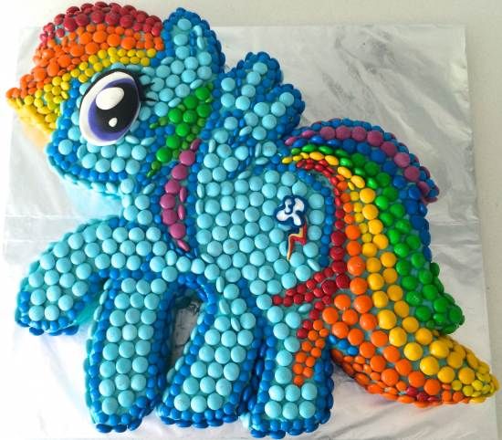 a cake made to look like a pony with lots of candy on it's face