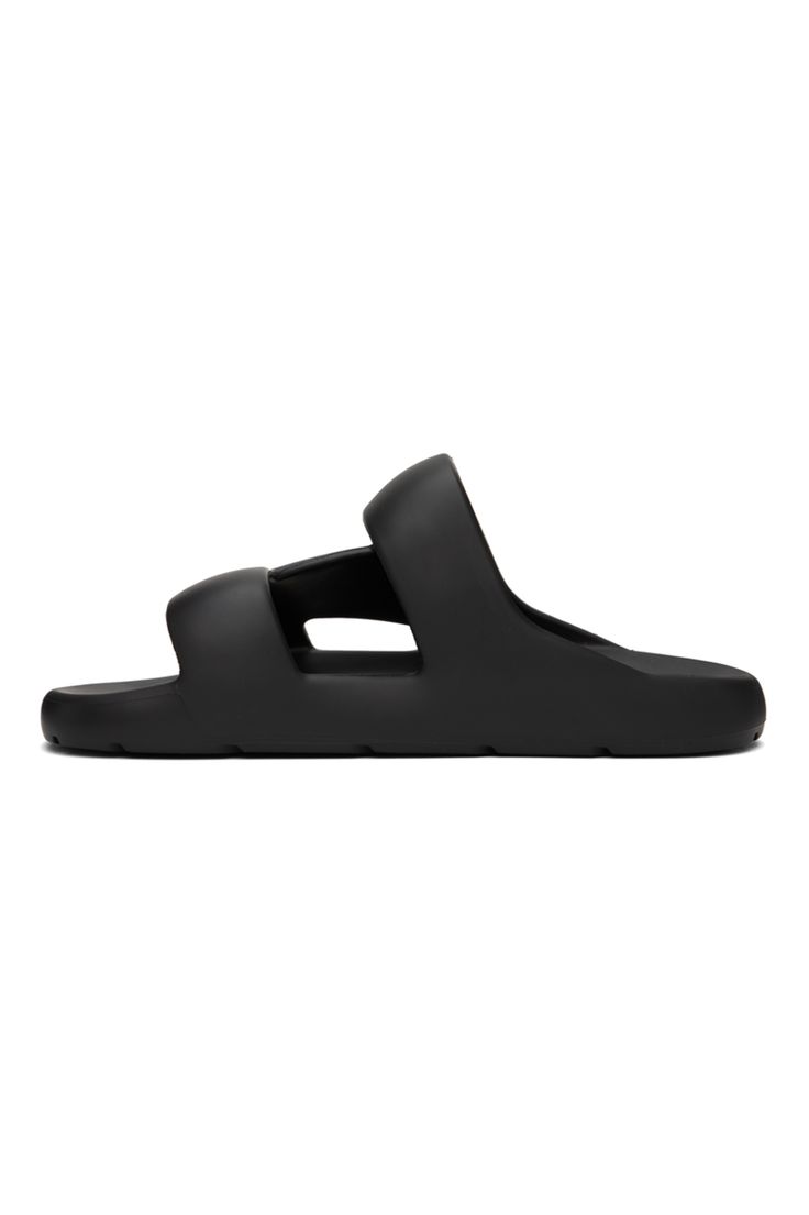 Bottega Veneta: Black Band Slides | SSENSE Black Modern Slip-on Slides, Modern Black Slides With Textured Footbed, Modern Black Slip-on Slides, Modern Black Slip-on Slippers, Black Open Toe Slippers With Leather Sole, Black Modern Slippers With Rubber Sole, Modern Black Slippers With Rubber Sole, Modern Black Slippers With Textured Sole, Comfortable Black Slides With Textured Sole