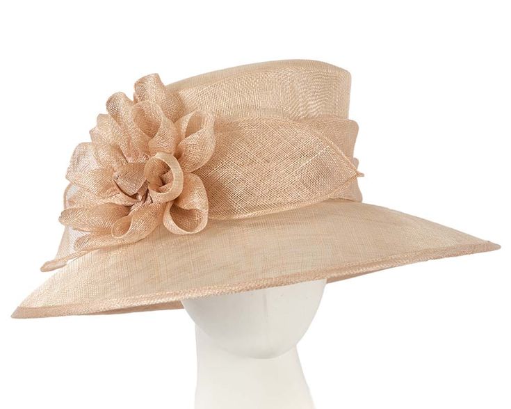 Be seen in this large nude sinamay hat by Max Alexander. Hats From OZ is Australia top online destination for ladies fashion hats. Whatever the occasion is -- racing or something special, we have a hat for you.  Designed in Australia by Max Alexander  Wide brim and stylish design  Adjustable band to fit all sizes up to 59cm Spring Beige Hat For Formal Occasions, Spring Formal Beige Hat, Adjustable Beige Evening Hat, Beige Formal Hats For Summer, Beige Formal Hat For Summer, Summer Formal Beige Hat, Curved Brim Hats For Spring Events, Fitted Beige Hat For Royal Ascot, High Crown Hats For Spring