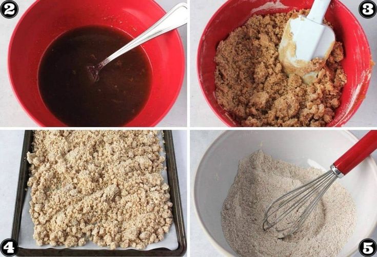 four pictures showing how to make an oatmeal crumb mixture in a bowl