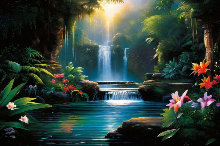 a painting of a waterfall surrounded by tropical plants and flowers