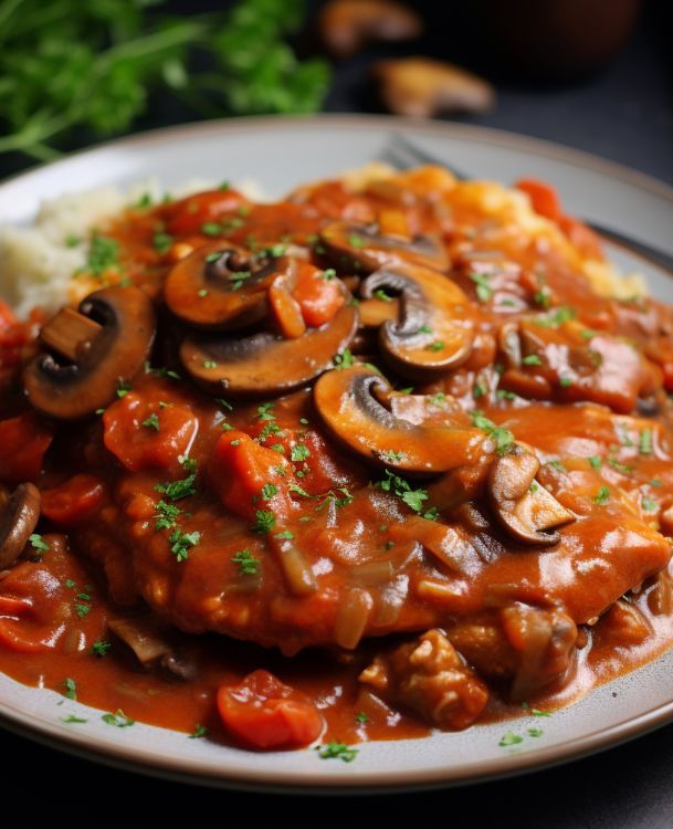 a close up of a plate of food with mushrooms and sauce on it next to mashed potatoes