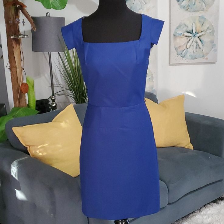 Great Dress! Falls Above The Knee And I Am 5'6". Very Much In Pristine Condition. Belt Loops On The Dress To Add A Belt. No Belt With The Dress. Fitted Blue Mini Dress With Square Neck, Blue Fitted Mini Dress With Square Neck, Formal Blue Square Neck Dress, Blue Square Neck Dress For Date Night, Blue Square Neck Formal Dress, Fitted Royal Blue Mini Dress In Midi Length, Fitted Royal Blue Midi Mini Dress, Royal Blue Fitted Midi Mini Dress, Forever 21 Elegant Formal Dress