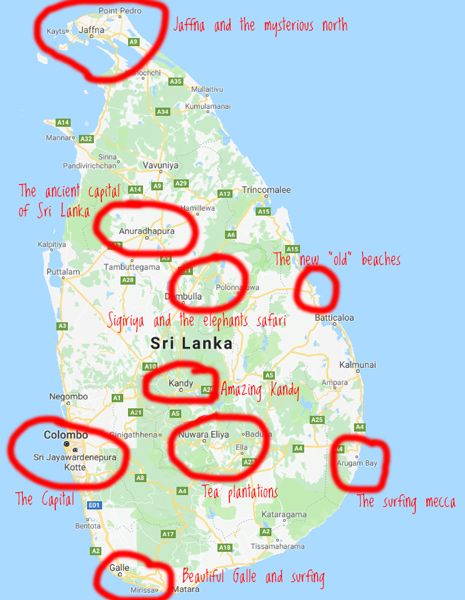 a map with red circles on it and the words sri lanka written in different languages