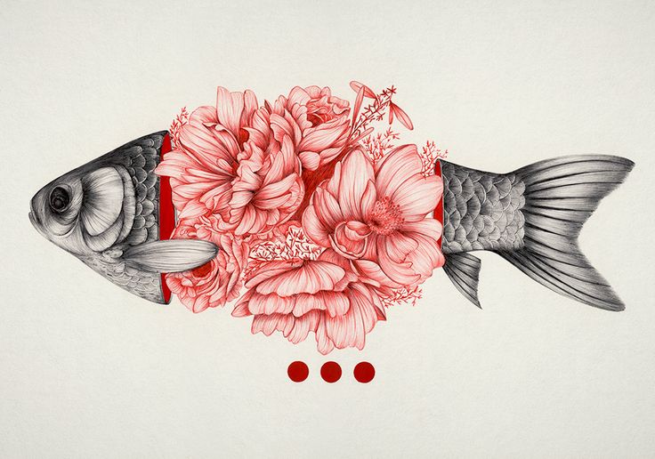 a drawing of a fish with flowers in its mouth