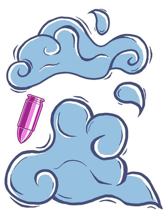 a blue cloud with a pink pen sticking out of it's mouth and some clouds in the background