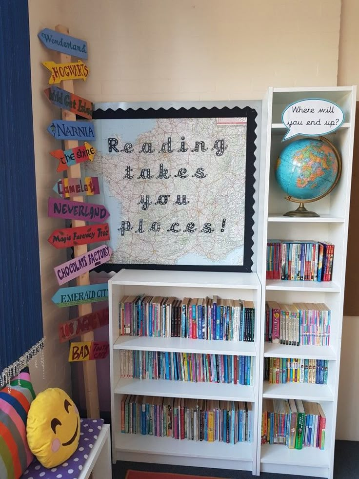 there is a book shelf with many books on it and a sign that says reading takes place