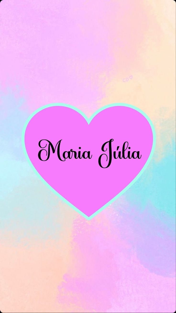 a pink heart with the word monica julia written on it in black ink against a pastel background