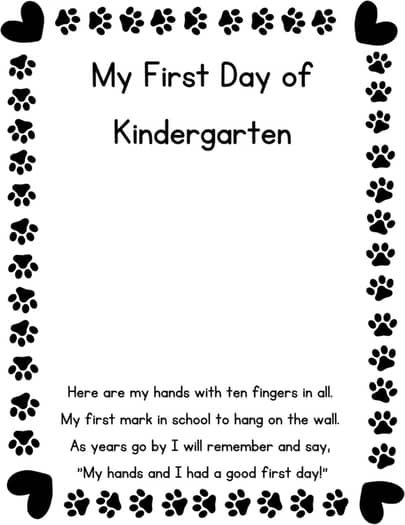 the first day of kindergartten with paw prints and hearts on white paper