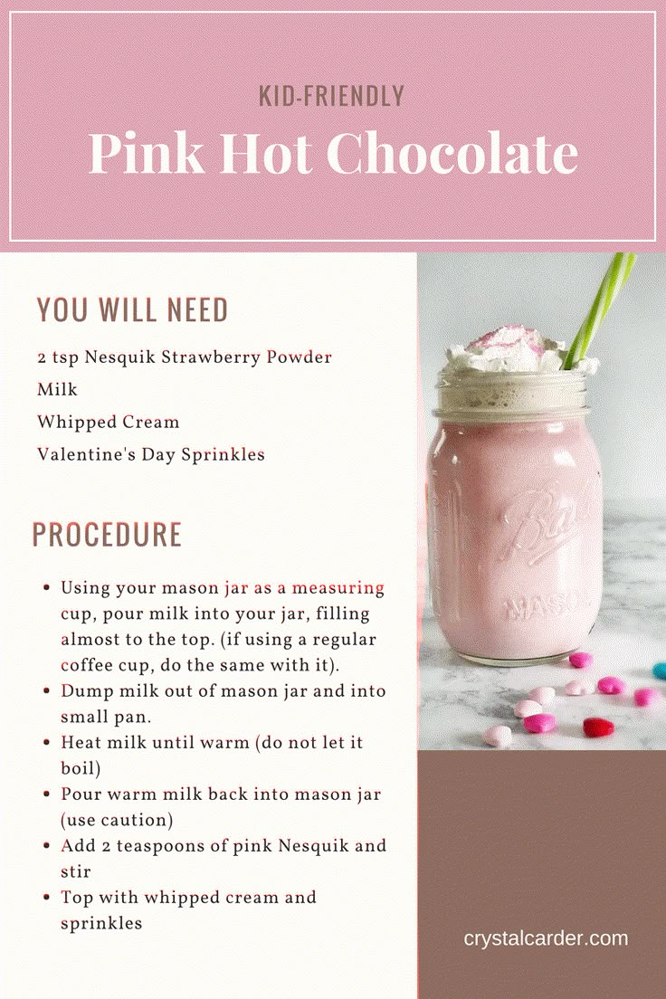 pink hot chocolate in a mason jar with sprinkles on the side and text