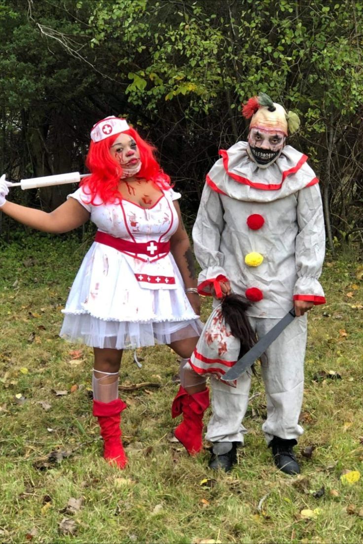 two people dressed up as clowns and a girl in a dress holding a baseball bat