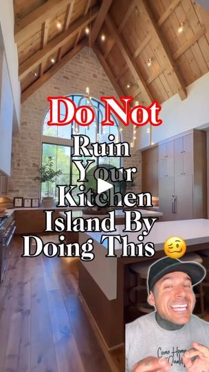 a man standing in front of a kitchen with the words don't run your kitchen island by doing this