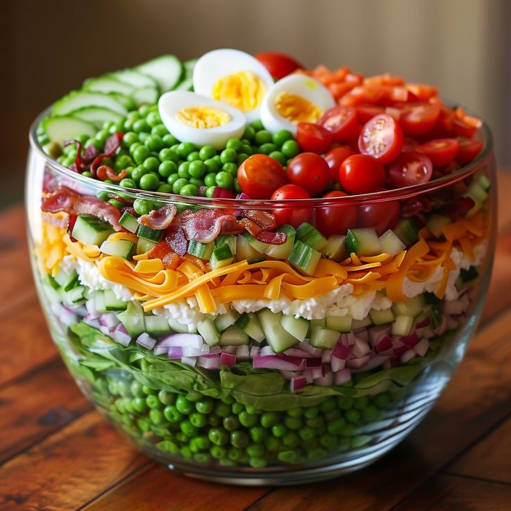 a bowl filled with lots of vegetables and hard boiled eggs on top of each other