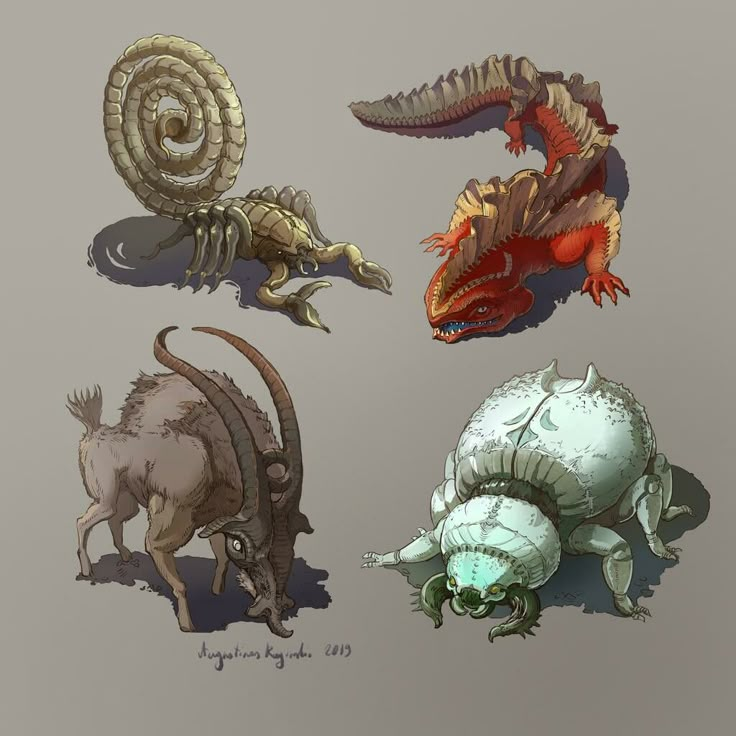 four different types of animals with long horns and large heads, all in various poses