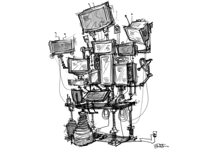 a black and white drawing of multiple televisions stacked on top of each other with wires running through them