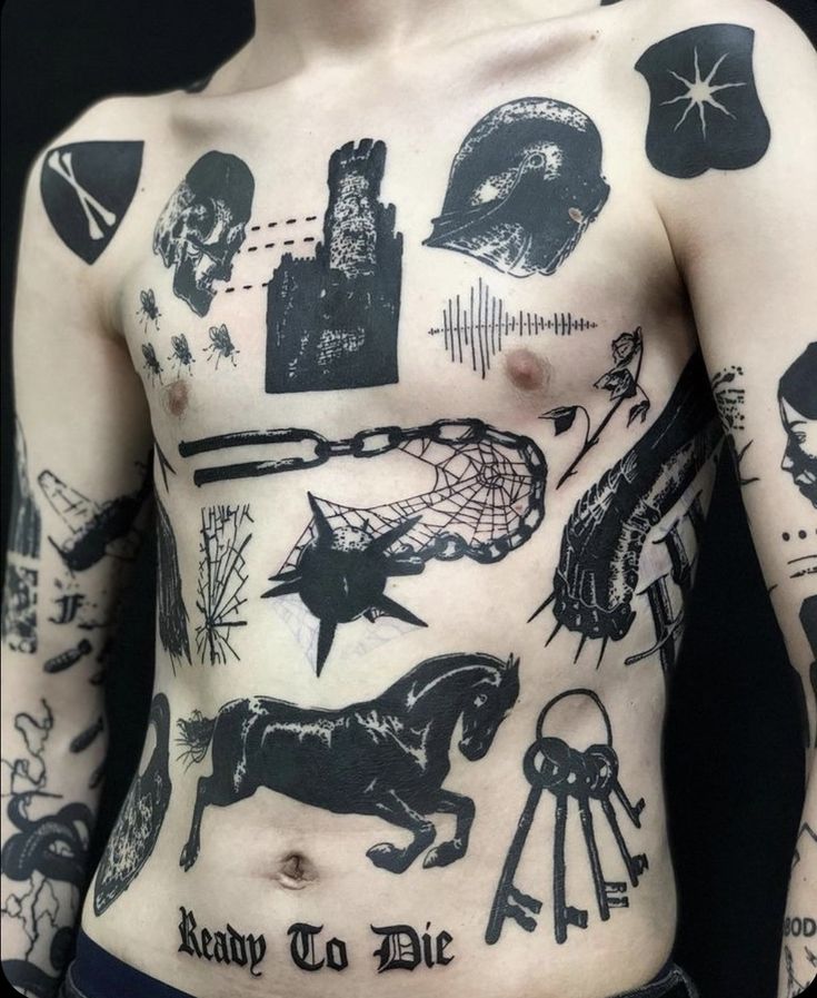 a man with tattoos on his chest and some other things in the back side of his body