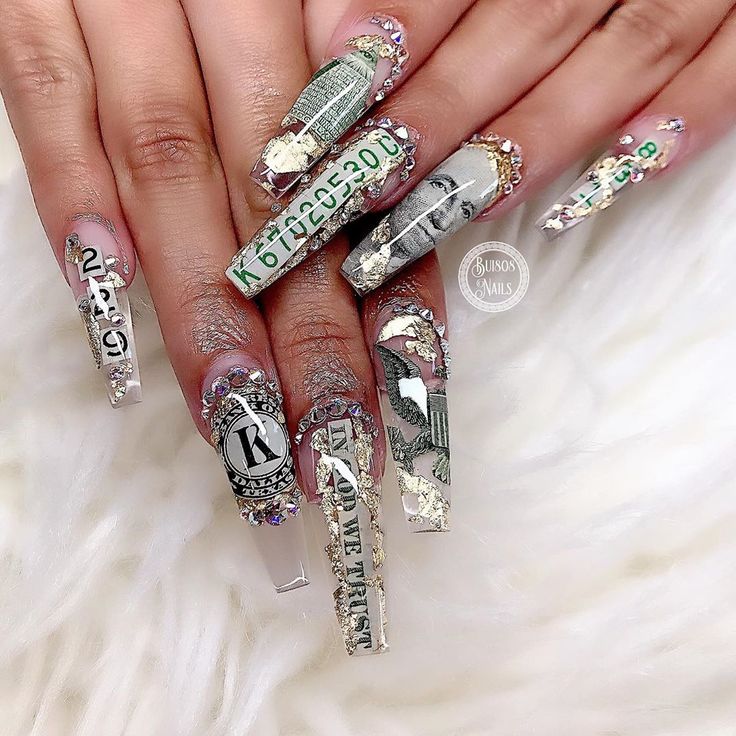 Money Inspired Nails, Money Set Nails, Money Sign Nails, Money Bag Nails, Money Acrylic Nails, Nails Money, Money Nails Designs, Nails Miami, Nail Designs Bling