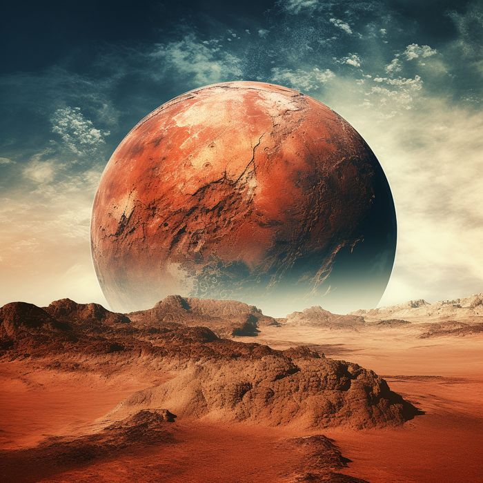 an artist's rendering of a red planet in the middle of barren terrains