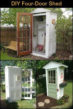 the diy four door shed is made out of old doors