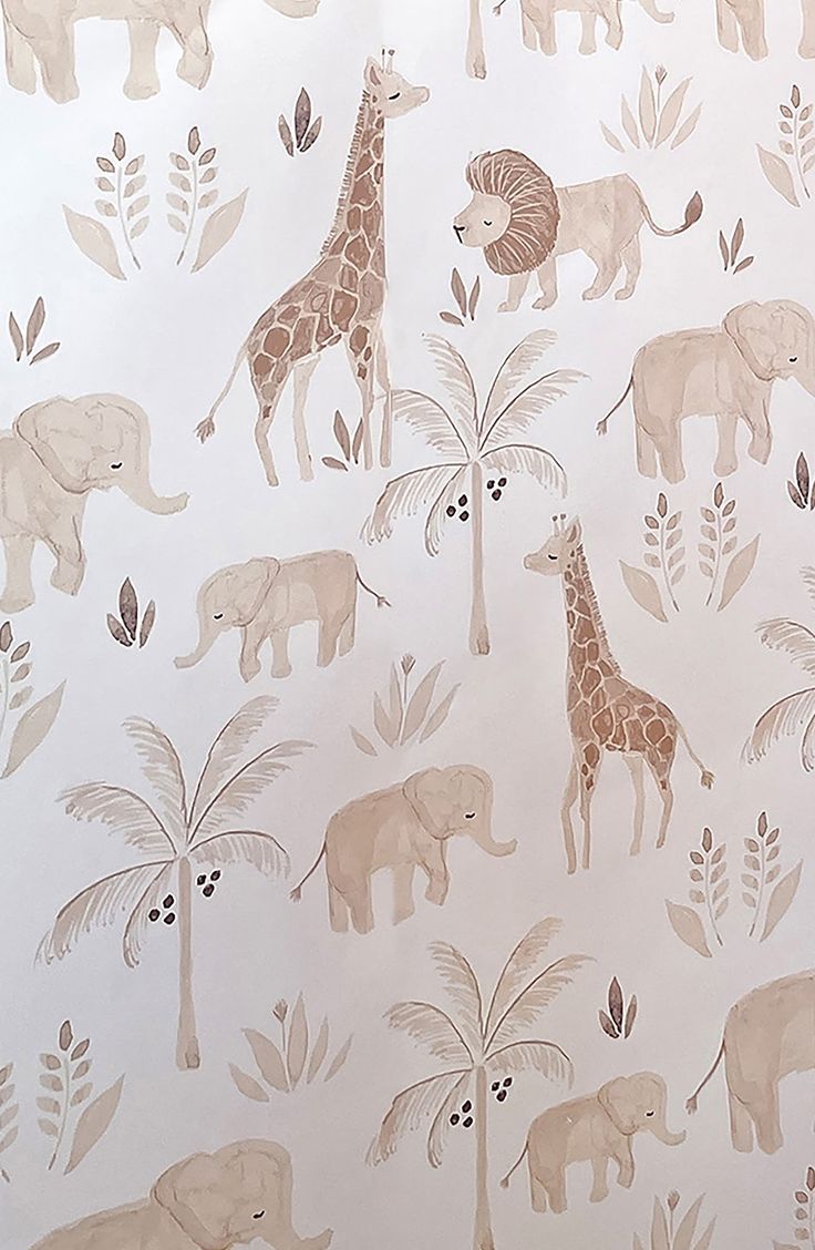 an elephant and giraffe wallpaper with palm trees on the left hand side