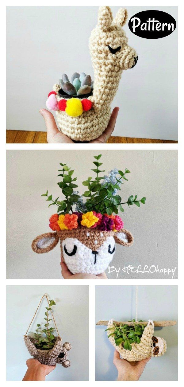 crocheted deer planter with succulents and flowers in it's mouth