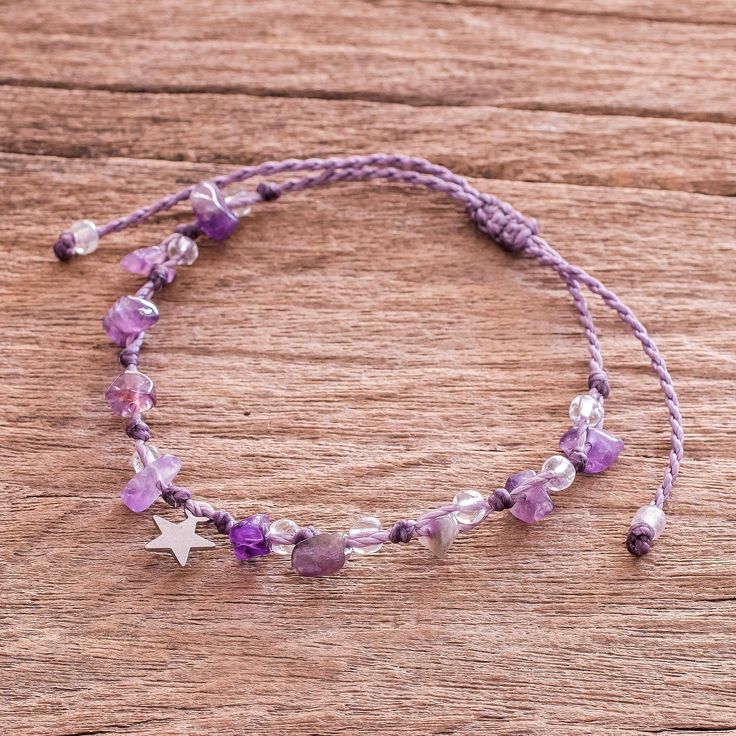 Artisans Magaly and Rebeca Valverde in Costa Rica create this pretty beaded bracelet for natural gemstone lovers everywhere. They knot polished nuggets of amethyst and tiny glass beads on lilac cords to create the bracelet which features a stainless steel star charm. A sliding knot allows you to adjust the length as desired. Adjustable Bracelet Bead, Knotted Beaded Bracelets, Beaded Knot Bracelet, Packaging For Bracelets, Aesthetic Bracelets, Sliding Knot Bracelet, Knotted Bracelet, Beaded Charm Bracelet, Bracelet Packaging