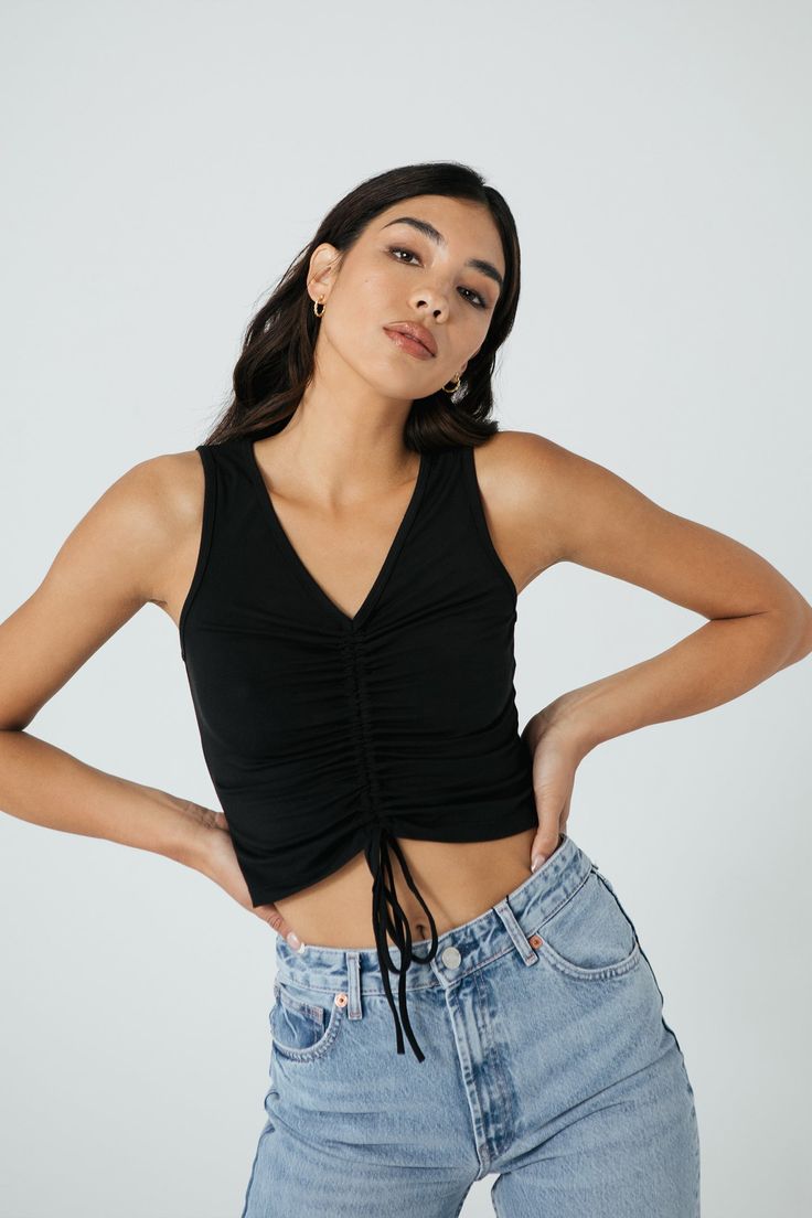 COCO - BLACK – Belen Chic Drawstring Crop Top For Spring, Summer Day Out Top With Drawstring, Black Ruched Tank Top For Summer, Trendy Spring Crop Top With Drawstring, Trendy Cropped Tops With Drawstring, Trendy Cotton Crop Top With Drawstring, Black Sleeveless Top With Drawstring, Summer Top With Drawstring For Day Out, Casual Drawstring Crop Top