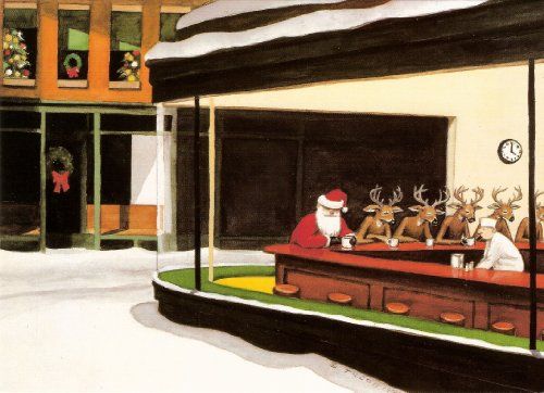 a painting of santa claus and reindeers in a store window with snow on the ground