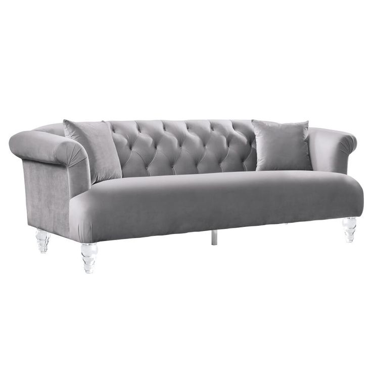 The Armen Living Elegance contemporary sofa is a great piece for the modern household. Part of the Elegance collection, this beautiful living room sofa features acrylic legs that assure durability without compromising on style. Pair the Elegance couch with the accompanying loveseat and chair to create a more cohesive living room look. The Elegance sofa is available in grey velvet. Armen Living Elegance 88-in Modern Grey Velvet 3-seater Sofa in Gray | LCEG3GR Gray Home Decor Ideas, Walmart Furniture, Wooden Frame Sofa, Pastel Gray, Living Sofa, Gray Home Decor, Grey Velvet Sofa, Store Room, Grey Couch