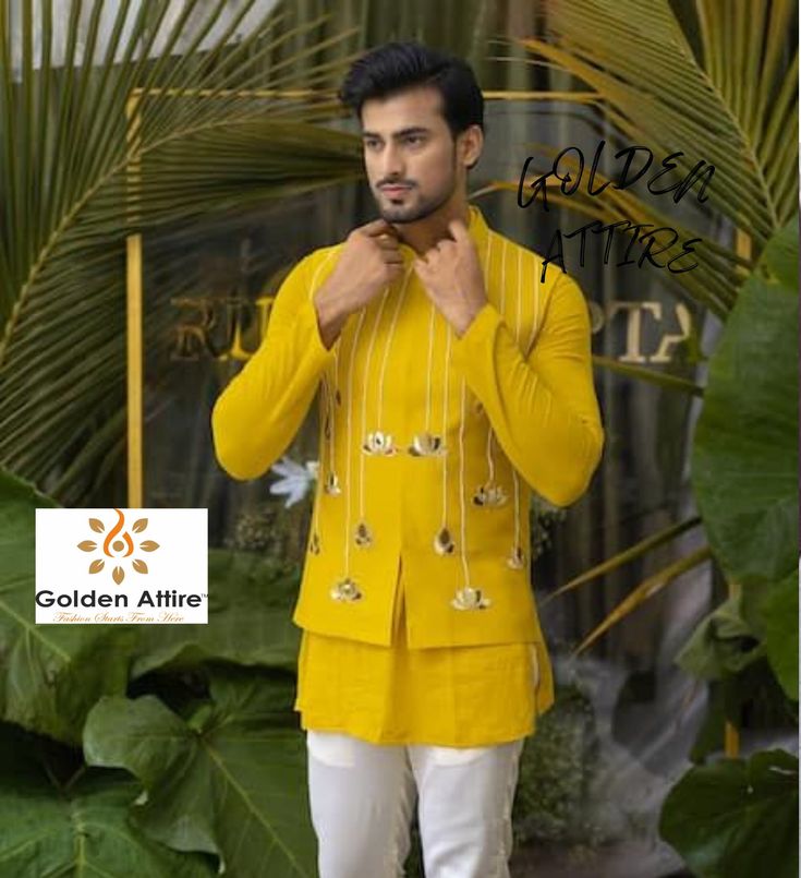 This is a Classic Jacket by Golden Attire crafted from high quality fabric and imported materials. Our products are handcrafted by experienced tailors who make sure the that the stitching is precise, lining is proper and the overall product is sturdy enough to not go out of shape for more than a few years. Also all our products have extra margins in their length, sleeves, sides so it's easily alterable if your size changes after some time. To see more available colours and designs in this collec Festive Traditional Blazer With Zari Work, Traditional Long Sleeve Blazer For Festivals, Festive Traditional Zari Work Blazer, Traditional Blazer With Resham Embroidery For Festive Occasions, Festive Traditional Blazer With Resham Embroidery, Traditional Festive Blazer With Resham Embroidery, Gold Blazer For Festive Wedding, Ceremonial Embroidered Sets With Stand Collar, Festive Gold Blazer For Wedding