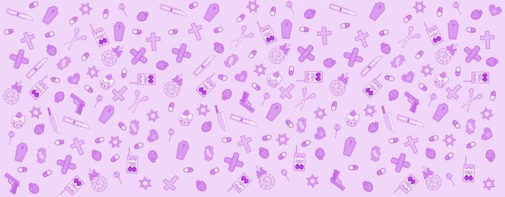 an abstract purple background with crosses, hearts and other things on it's surface