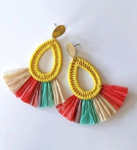 Raffia Earrings, Mustard Yellow, Multi Colored, Tassel Necklace, Statement Earrings, Mustard, Gold Tones, Dangle Earrings, Coral