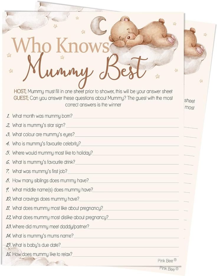 a printable baby shower game with teddy bears on the cloud and stars in the sky