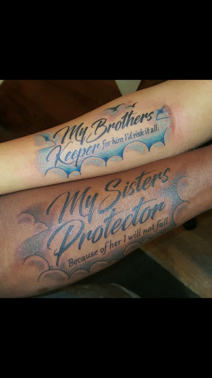 two people with tattoos on their arms and one has the words my brothers and sisters protection