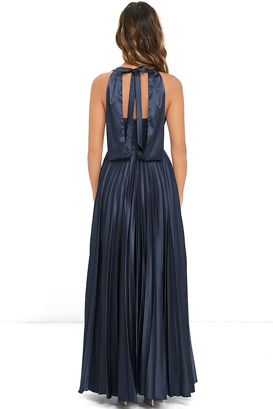 Epic Night Navy Blue Satin Maxi Dressat Lulus.com! Dresses For Juniors, Dresses Lulus, Dresses Club, Latest Fashion Dresses, Club Party Dresses, Pleated Maxi Dress, Satin Maxi, Beautiful Skirts, Online Dress Shopping